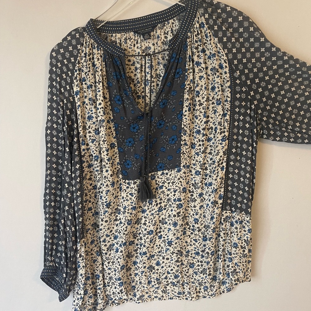 Lucky Brand Floral Peasant Blouse 3/4 Sleeve Blue Large